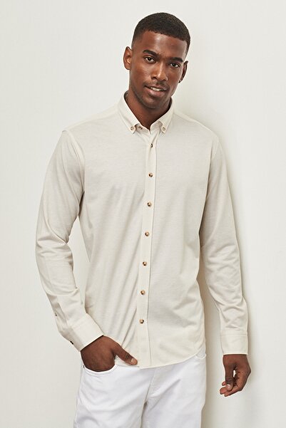 ALTINYILDIZ CLASSICS Pánská béžová slim střih úzkého střihu Oxford s knoflíkovým límcem Pique vzorovaná bavlněná košile