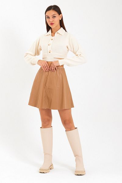 soBasic Fustă mini din piele evazată cu talie elastică Camel