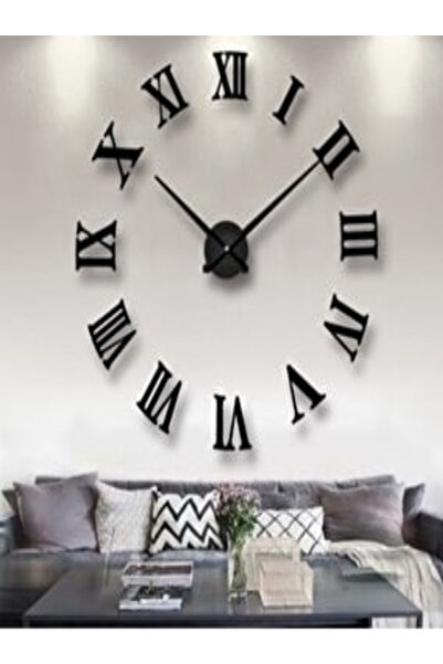 MİNAY HOME 3d Siyah Romen Rakamlı Dekoratif Büyük Boy Duvar Saati Ahşap Duvar Saati