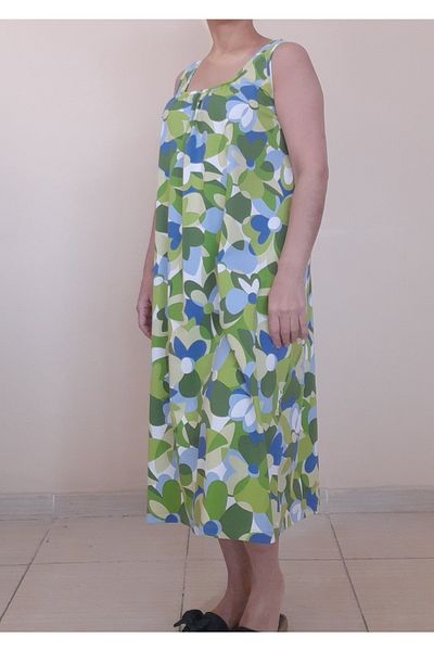 Mertcan Butik Φόρεμα με πράσινο σχέδιο από χτενισμένο βαμβακερό με συσπειρωμένο μπροστινό και πίσω μέρος