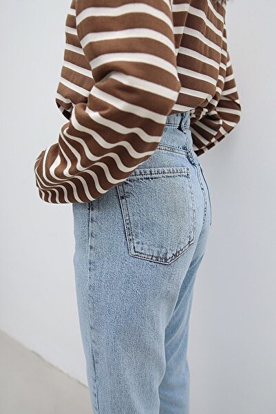 MAKRAS EXCLUSIVE High Waist Acid Washed Ice Snow Blue Mom Jeans - Get 1 Size Larger