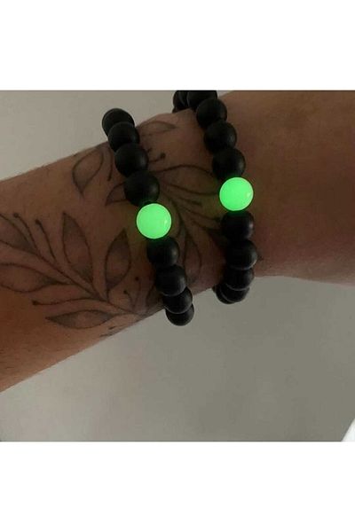 The Collection Glow in the Dark 2 Pieces Single Cat's Eye and Onyx Natural Stone Friendship Bracelet
