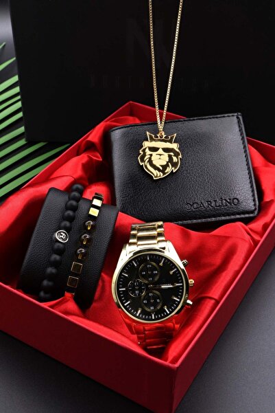 Northwatch Gold Metal Analog Erkek Kol Saati, Bileklik, Kolye Ve Cüzdan Seti
