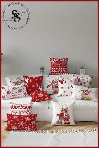 SasoHome Red Christmas Snowflakes and Deers Patterned 5-Piece Combination Patterned Digital Printed Throw Pillow Cover
