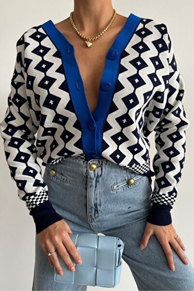 lovebox Women's Patterned Button Detailed Blue Striped V-Neck Knitwear Cardigan 0179