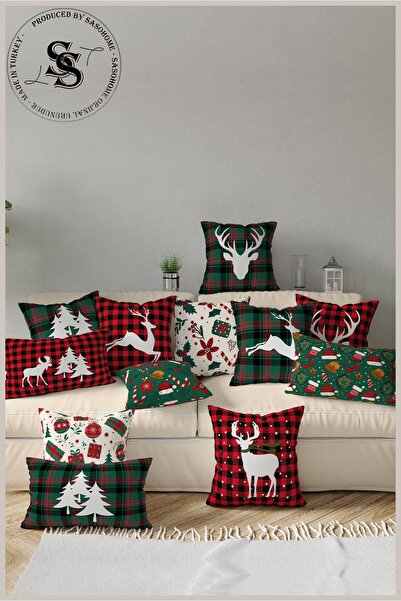 SasoHome Green New Year's Plaid and Deers Patterned 5-Piece Combination Patterned Digital Printed Throw Pillow Cover
