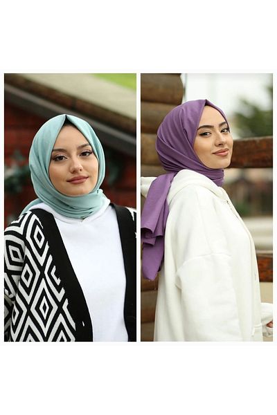Narine Hijab Cotton Kraş Cazz Shawl Model Σετ 2 τεμαχίων _νερό Πράσινο-επιφανίζον