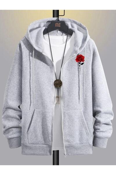 ORLONTEX Unisex Grey Flower Print Ζακέτα Oversize με φερμουάρ με κουκούλα