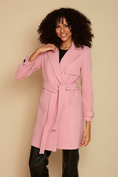 Select Moda Palton de damă, roz, cu închidere cu nasturi, căptușit cu curea
