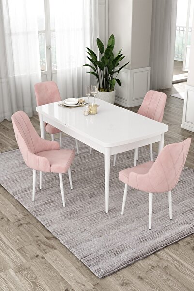 Canisa Eta Serisi, Beyaz Masa Açılabilir 80x132 Mdf Yemek Odası Takımı 4 Pemb...