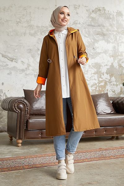 InStyle Drawstring Waist Hooded Neon Trench - Tan \ Orange