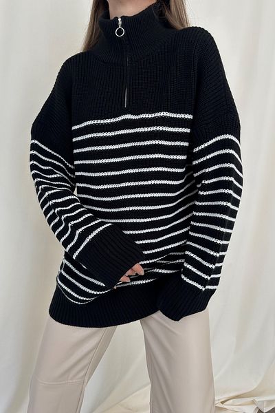 Eka Women's Black Fernuar Detail Striped Sweater 1014-3011