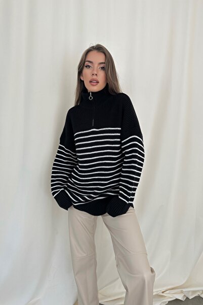 Eka Women's Black Fernuar Detail Striped Sweater 1014-3011