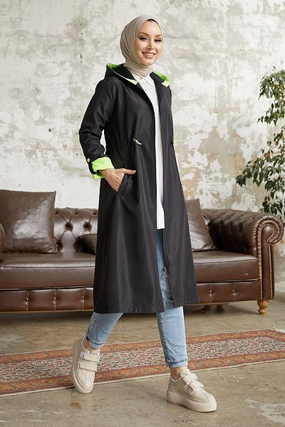 InStyle Drawstring Waist Hooded Neon Trench - Black \ Green