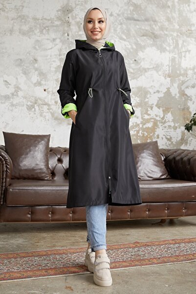 InStyle Beli Büzgülü Kapüşonlu Neon Trenç - Siyah \ Yeşil