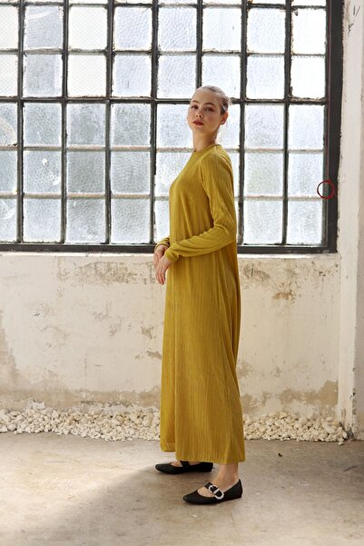 She Sea Hardal Rengi Pliseli Uzun Tesettür Elbise