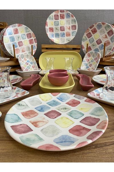 Demet Çeyiz Aksesuar Keramika Set Breakfast Colors 46 Pieces for 12 People