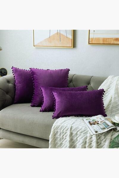 Bc Home Mor 4 Adet Ponponlu Kırlent Kılıfı 2 Adet 43 X 43 Cm ,2 Adet 30 X 50 Cm
