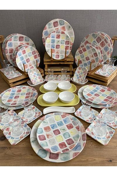 Demet Çeyiz Aksesuar Keramika Set Breakfast Colors 60 Pieces for 12 People