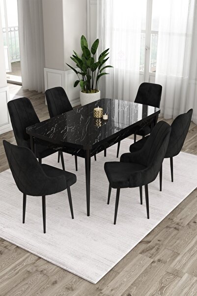 Canisa Ram Serisi, 80x132 Açılabilir Yemek Odası Takımı,siyah Mermer Desen Ma...