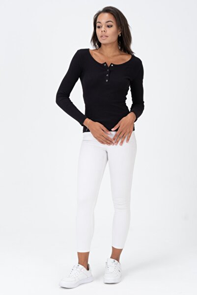 PUNKY CAT Women's Black Snap Fastener Knitted Long Sleeve Blouse