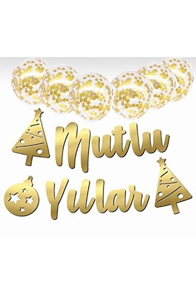 DÜVENCİ TİCARET Yılbaşı Şeffaf Konfetili Mutlu Yıllar Kaligrafi Banner Gold