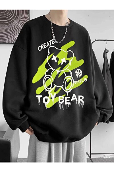 Yasolin Unisex igračka medved Štampano Oversize kroj okrugla kragna majica crna