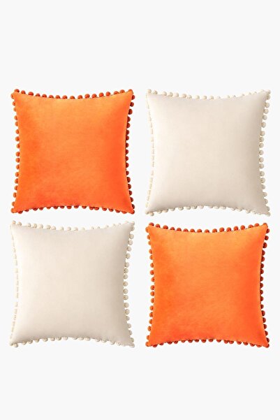 Bc Home Turuncu-krem 4 Adet Ponponlu Kırlent Kılıfı Seti 4 Adet 43 X 43 Cm Tu...