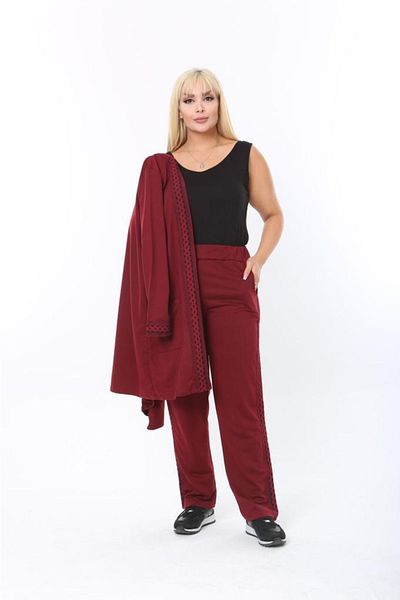 ŞENZADE Women's Woven Stripe Detail Pocket Long Sleeve Kimono Pants Cardigan Double Set
