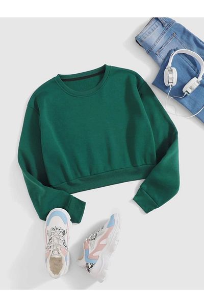 Mad&Calf Women's Crop Basic Crew Neck Sweatshirt