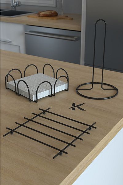 KARTEYA Bread Basket and Service Presentation Set Towel Holder Napkin Holder Trivet Bread Holder - Set of 4 Black