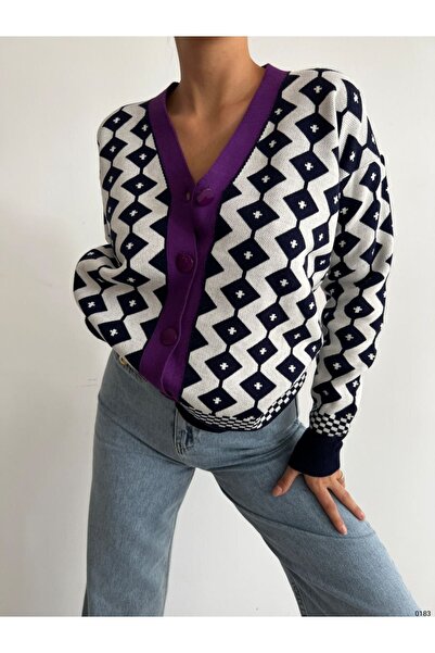 vuvutasarım Νέα σεζόν γυναικεία πλεκτή ζακέτα με κουμπιά με λεπτομέρεια κόκκινη ρίγα V λαιμόκοψη