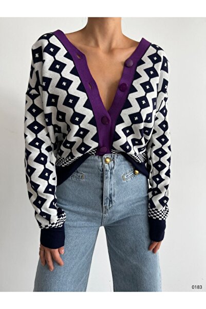 vuvutasarım Νέα σεζόν γυναικεία πλεκτή ζακέτα με κουμπιά με λεπτομέρεια κόκκινη ρίγα V λαιμόκοψη