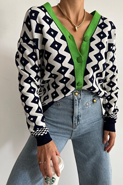 lovebox Women's Patterned Button Detailed Green Striped V-Neck Knitwear Cardigan 0179