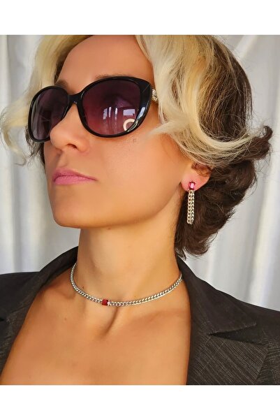 Eva Takı Kırmızı Dikdörtgen Taşlı Zincir Model Sallantılı Küpe