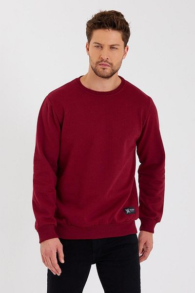 mmetalic Claret Red Crew Neck Label Detailed Cotton Inside Men's Sweatshirt