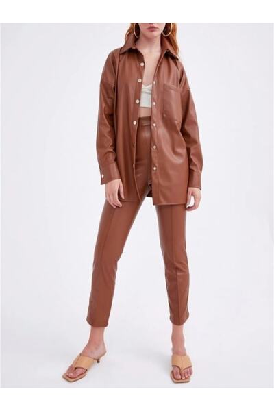 Genel Markalar Yüksek Bel Nervür Deri Pantolon - Kahve