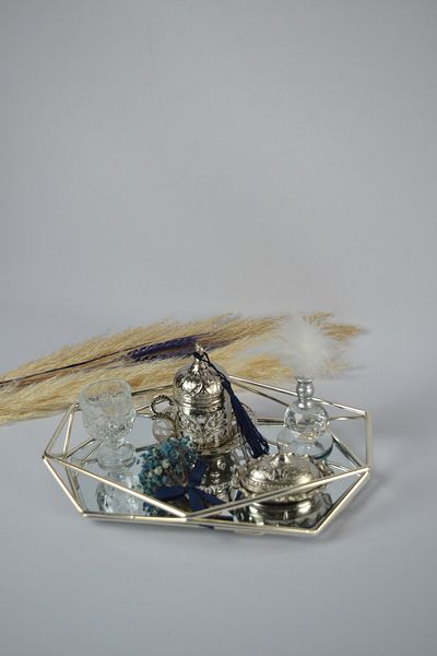 Basic Creation Silver Promise Δίσκος αρραβώνων με καθρέφτη Navy Blue Χρώμα Groom Presentation Σετ καφέ με πούπουλα