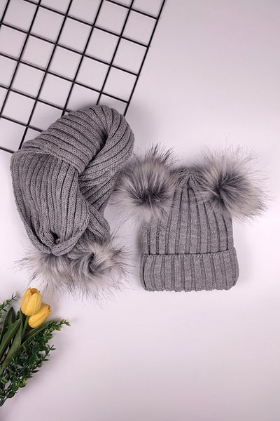 ADA BEBEK ÇOCUK Set beanie eșarfă pentru copii unisex cu pompon dublu