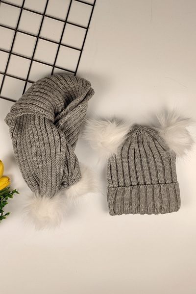 ADA BEBEK ÇOCUK Set beanie eșarfă pentru copii unisex cu pompon dublu