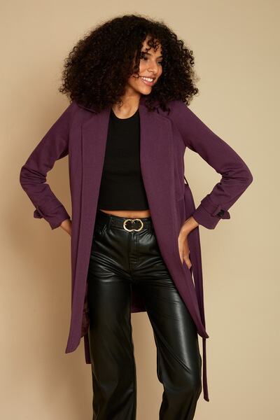 Select Moda Palton de damă din țesătură din gabardină cu curea mov