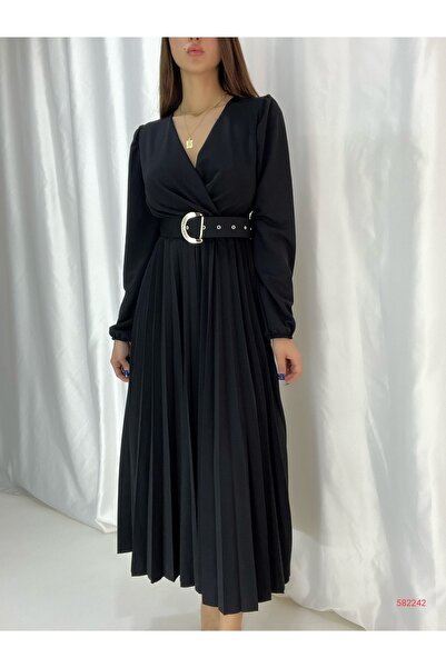 modakyra فستان نسائي أسود أسطوري، تنورة مطوية وأكمام طويلة من قماش الكريب مع ...