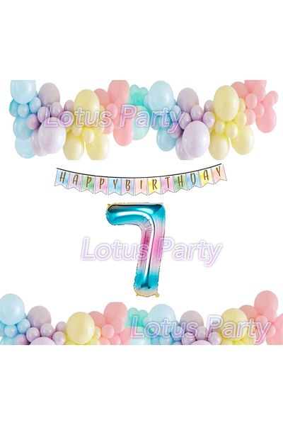 LOTUS PARTY Rainbow Concept 7 Year Old Birthday Set Figure Foil Balloon Happy Birrtday Banner Macarons Balloon Chain