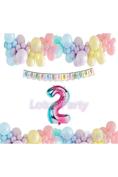 LOTUS PARTY Rainbow Concept 2 Year Old Birthday Set Figure Foil Balloon Happy Birrtday Banner Macarons Balloon Chain