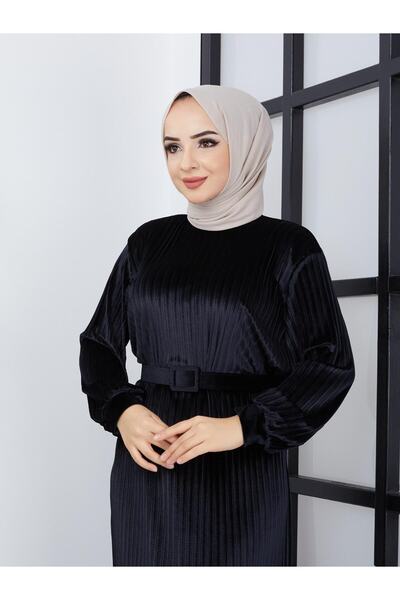 Genel Markalar Kadife Kumaş Piliseli Tesettür Elbise