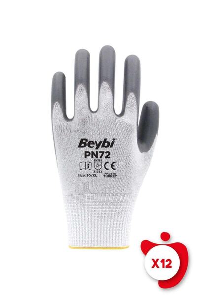 Beybi Pn72 Gray Polyester Knitted Nitrile Work Gloves, Size 10, 12 Pairs