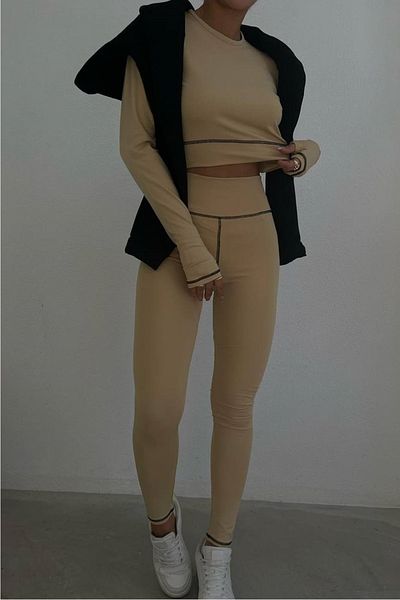 lovebox Women's Karyoka Stitched Beige Crop Leggings Suit 1264