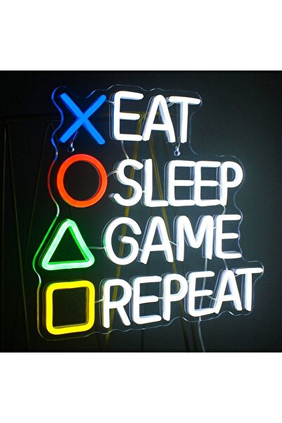 dekoraven Gamer -eat Sleep Game Repeat Neon Tabela Neon Yazı Dekoratif Aydınl...
