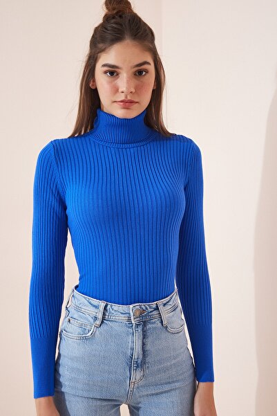 Happiness İstanbul Pulover de damă, albastru viu, cu talie înaltă, cu nervuri din Lycra DD01007