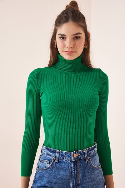 Happiness İstanbul Women's Vibrant Green High-Rise Ribbed Lycra Sweater DD01007